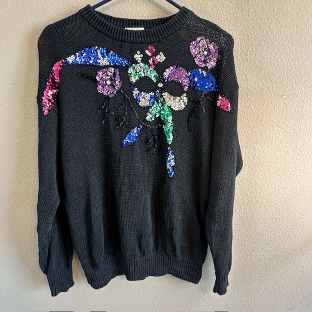 Vintage Mister Noah Sequined Beaded Black‎ Women's Sweater Size LG
